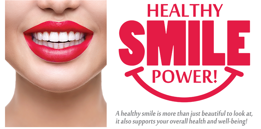 The image features a close-up of a person s face with red lipstick, against a white background. There is text overlaying the image that reads  HEALTHY SMILE POWER   and a logo below it that includes a smiley face and the words  SMILE SMILE.  The style of the image suggests it may be used for advertising or promoting dental care services related to cosmetic dentistry.